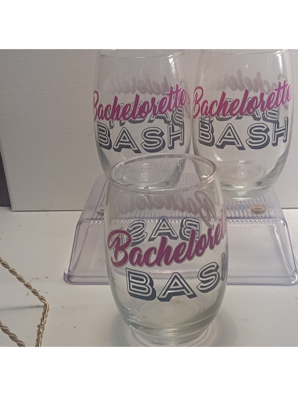 Stemless Wine Glasses Set of 3 Clear Decorated Pink/Black Bachelorette Bash fun